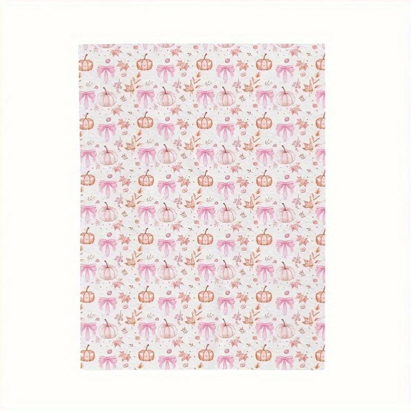 Soft Cozy Pink Pumpkin & Leaf Flannel Plush Blanket