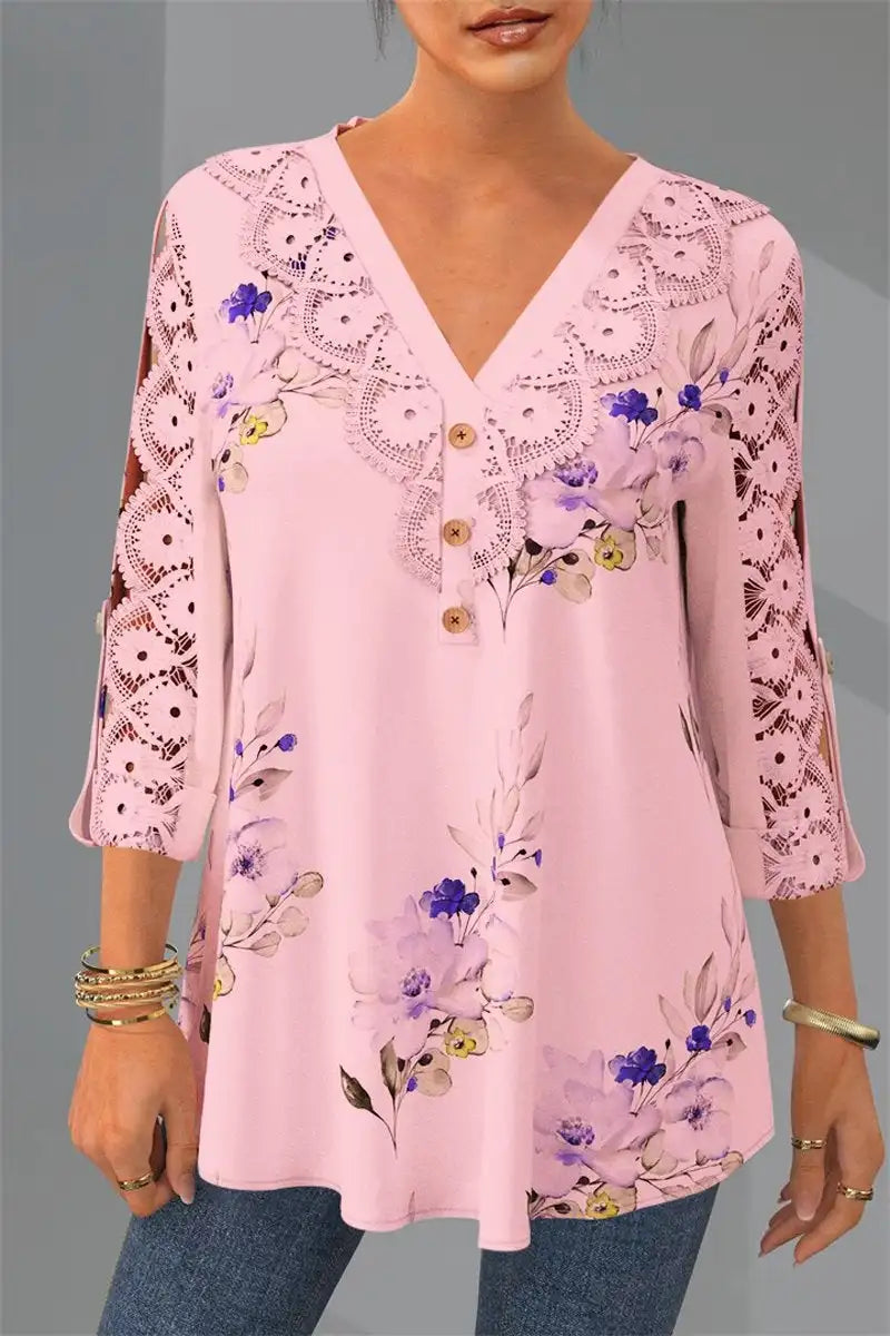Plus Size Lace Patchwork V-Neck Floral Print Blouse