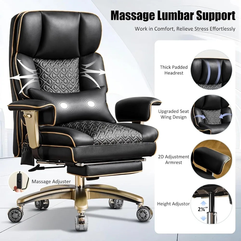 Reclining Executive Office Chair with Rocking Function, Adjustable Back Support & Lumbar Massage