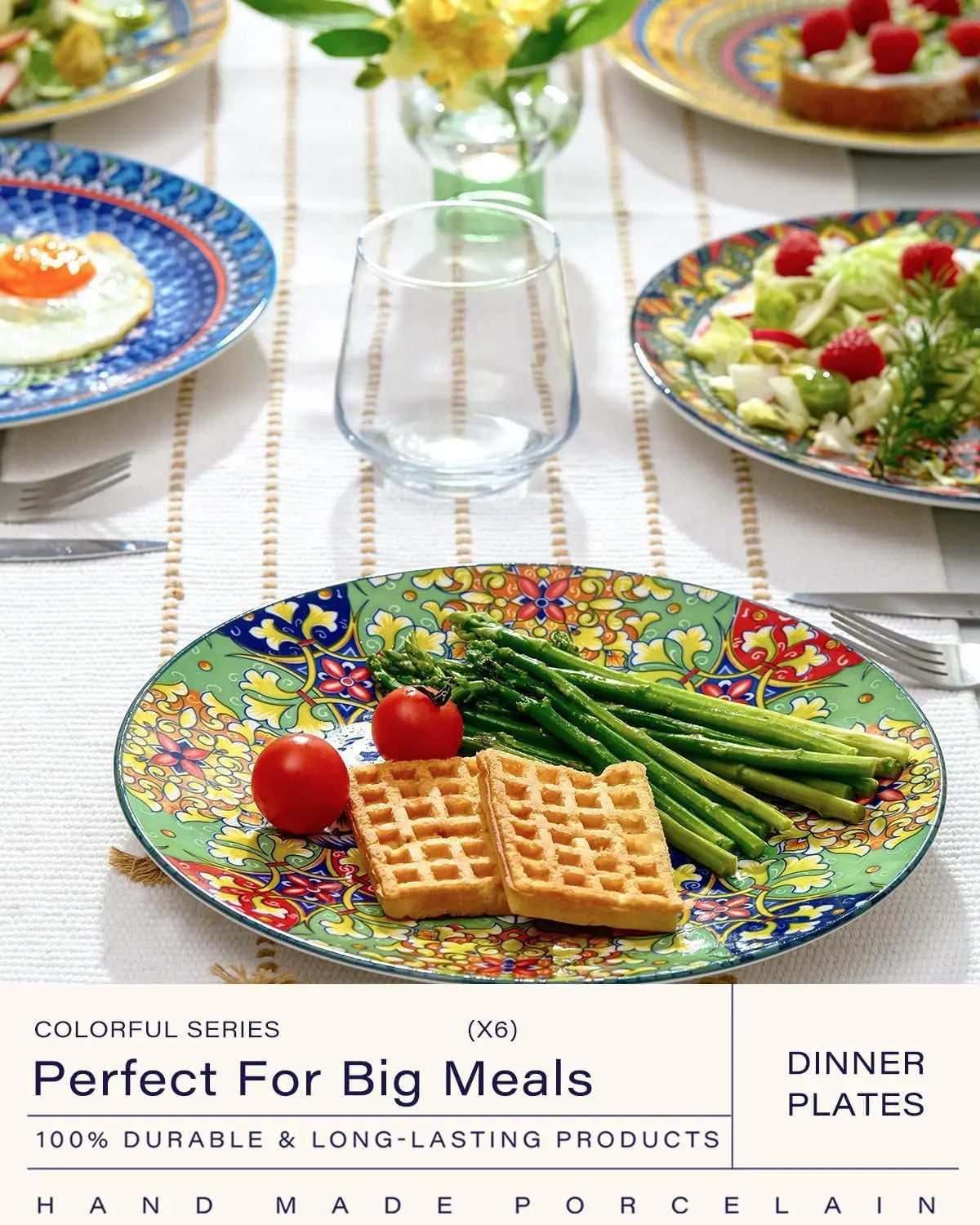 Dinner Plates Set of 6 – 10.5 Inch Ceramic Plates, Colorful Bohemian Style