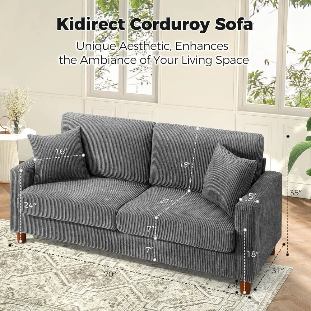 Grey Sofa, Extra Deep Corduroy Couch – 21” Seat Depth, Tool-Free Assembly