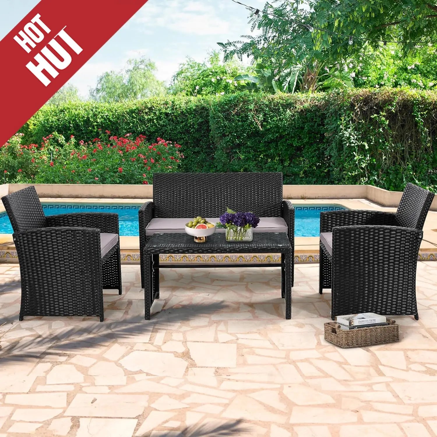 4-Piece Rattan Patio Furniture Set – Cushioned Outdoor Conversation Sofa Set