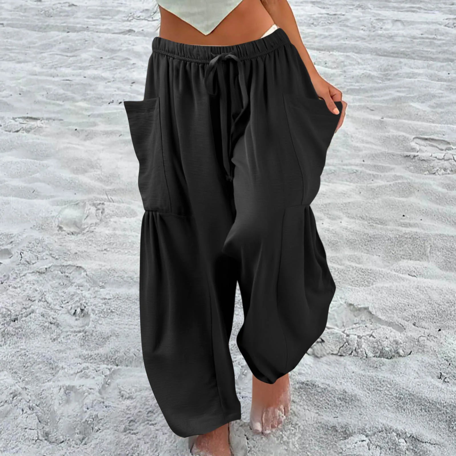 Women’s Plus Size Middle Waist Baggy Pants with Pockets – Korean Fashion