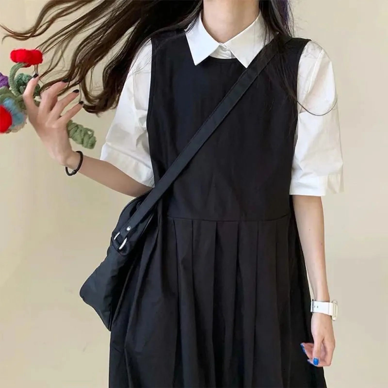 Women's Black Casual Swing T-Shirt Dress with Pockets
