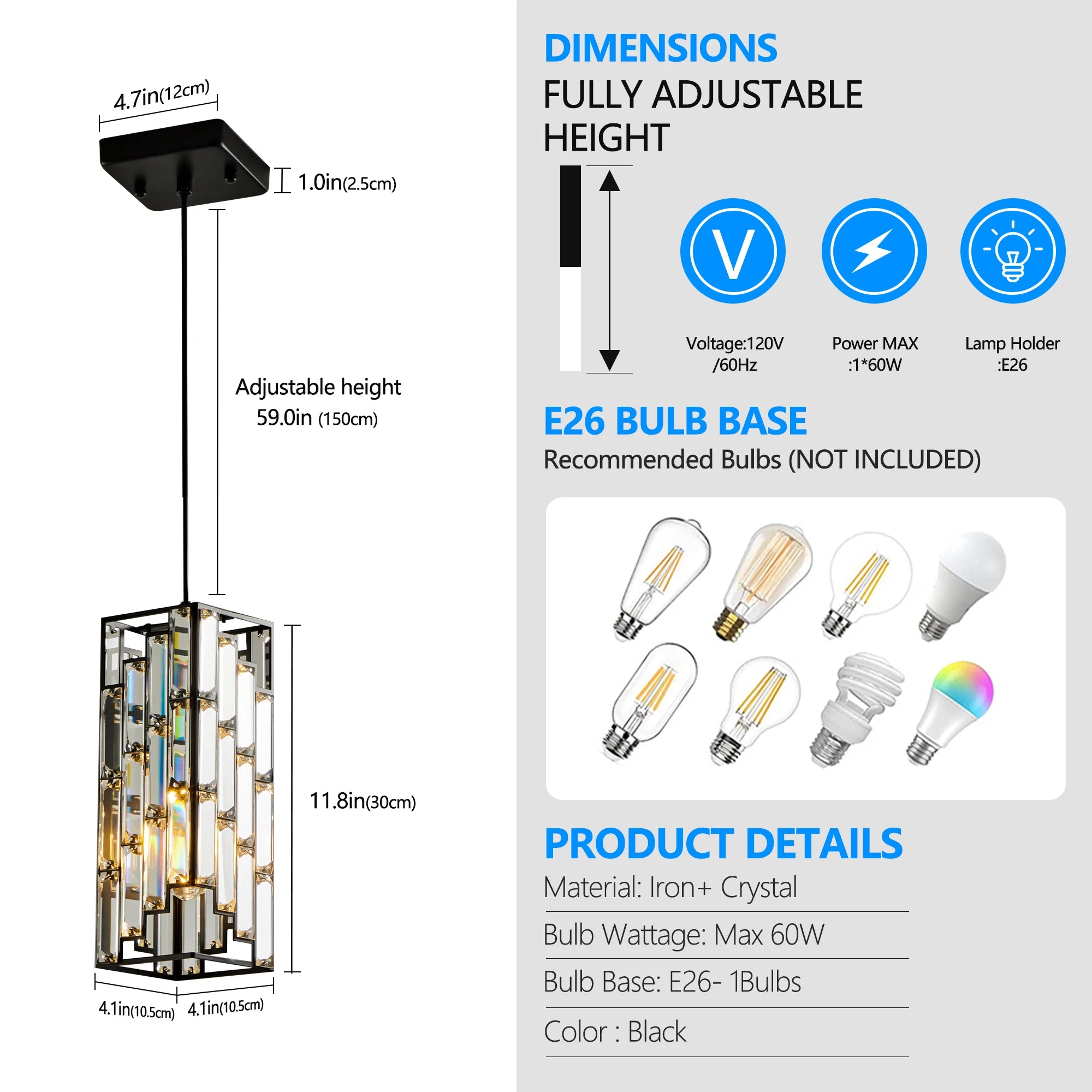 Luxury Hanging Crystal Pendant Light - 3 Pack, Adjustable, Black Finish