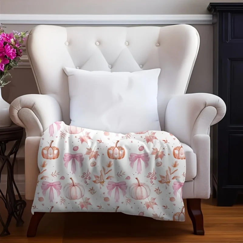 Soft Cozy Pink Pumpkin & Leaf Flannel Plush Blanket