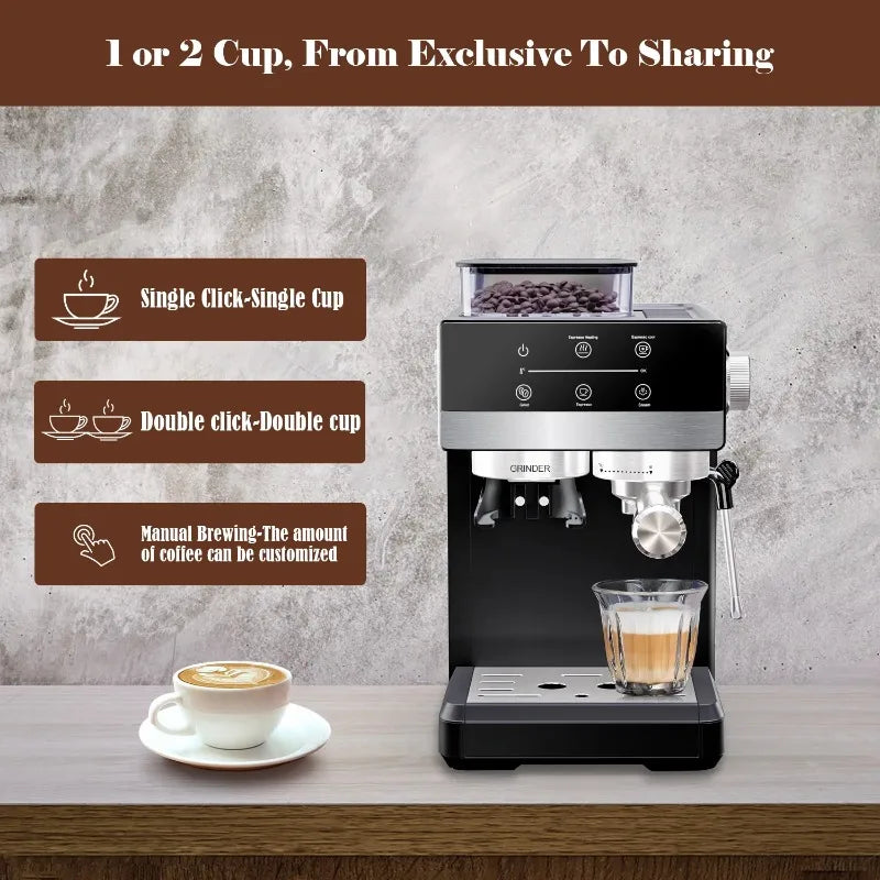Espresso Machine with Grinder, 20-Bar Semi-Automatic Coffee Maker