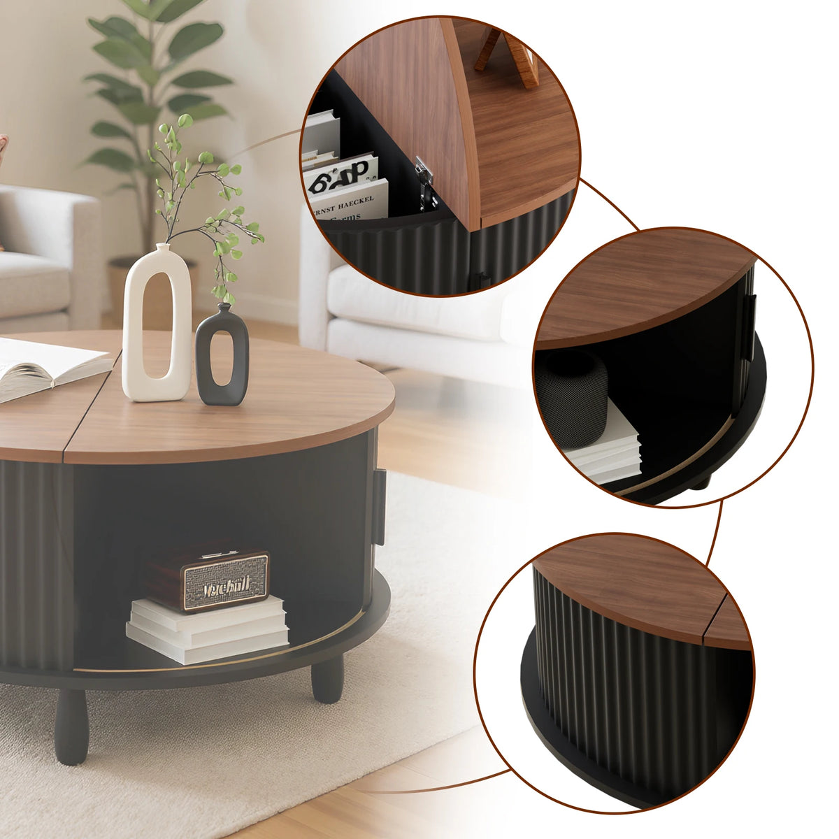 Round Wooden Coffee Table with 360° Curved Sliding Door