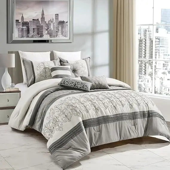 Luxury 7-Piece Full/Queen Comforter Set – Modern Damask Embroidered Grey Elegance