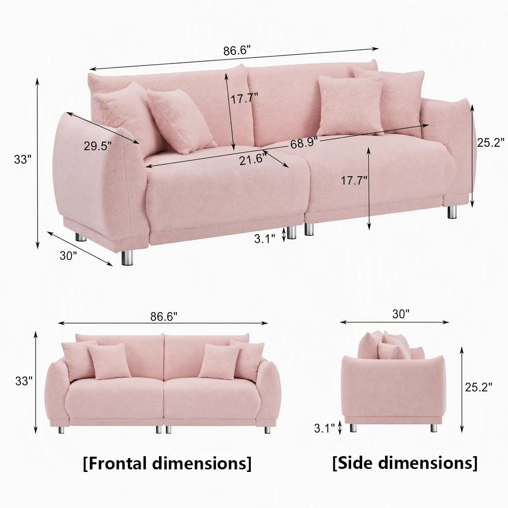 86.6-Inch Teddy Fleece Sofa with Four Throw Pillows