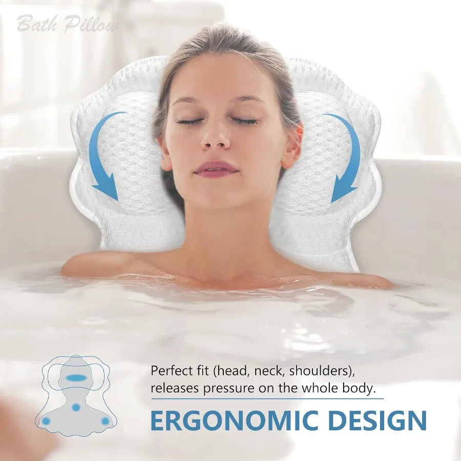Relaxing Bath Pillow, 4D Breathable Air Mesh, Ergonomic Design, Strong Suction Cups