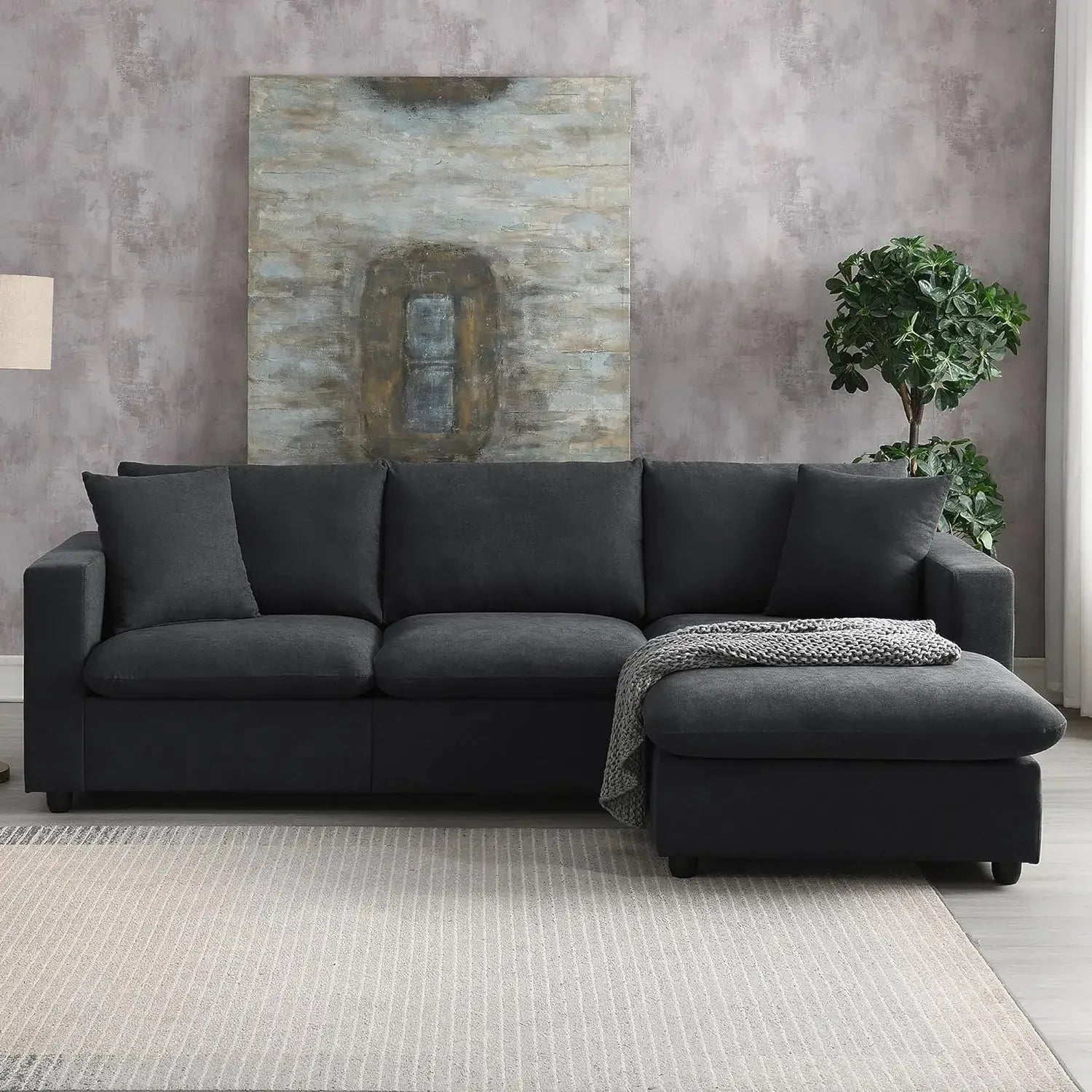 L Shaped 4 Seater Comfy Sofa with Convertible Ottoman, Polyester Fabric