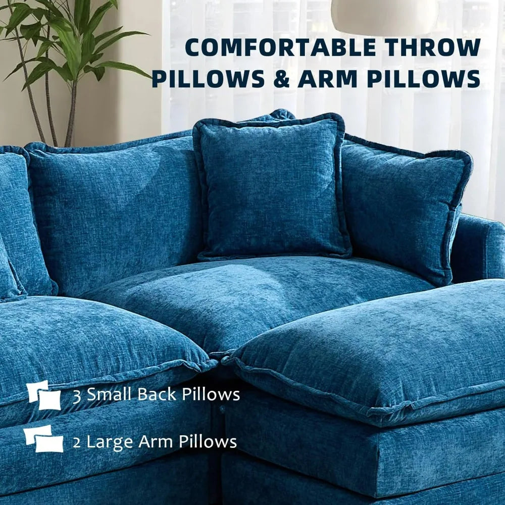 111.5” Modular L-Shaped Sectional Sofa with Ottoman and Pillows, Chenille Upholstery