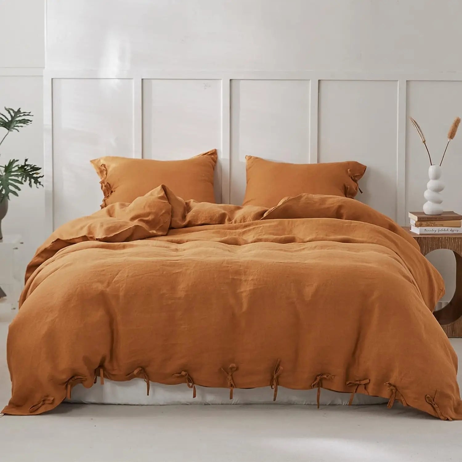 3 Pcs Bedding Set, 100% Linen with Bowknot Ties – French Queen/King