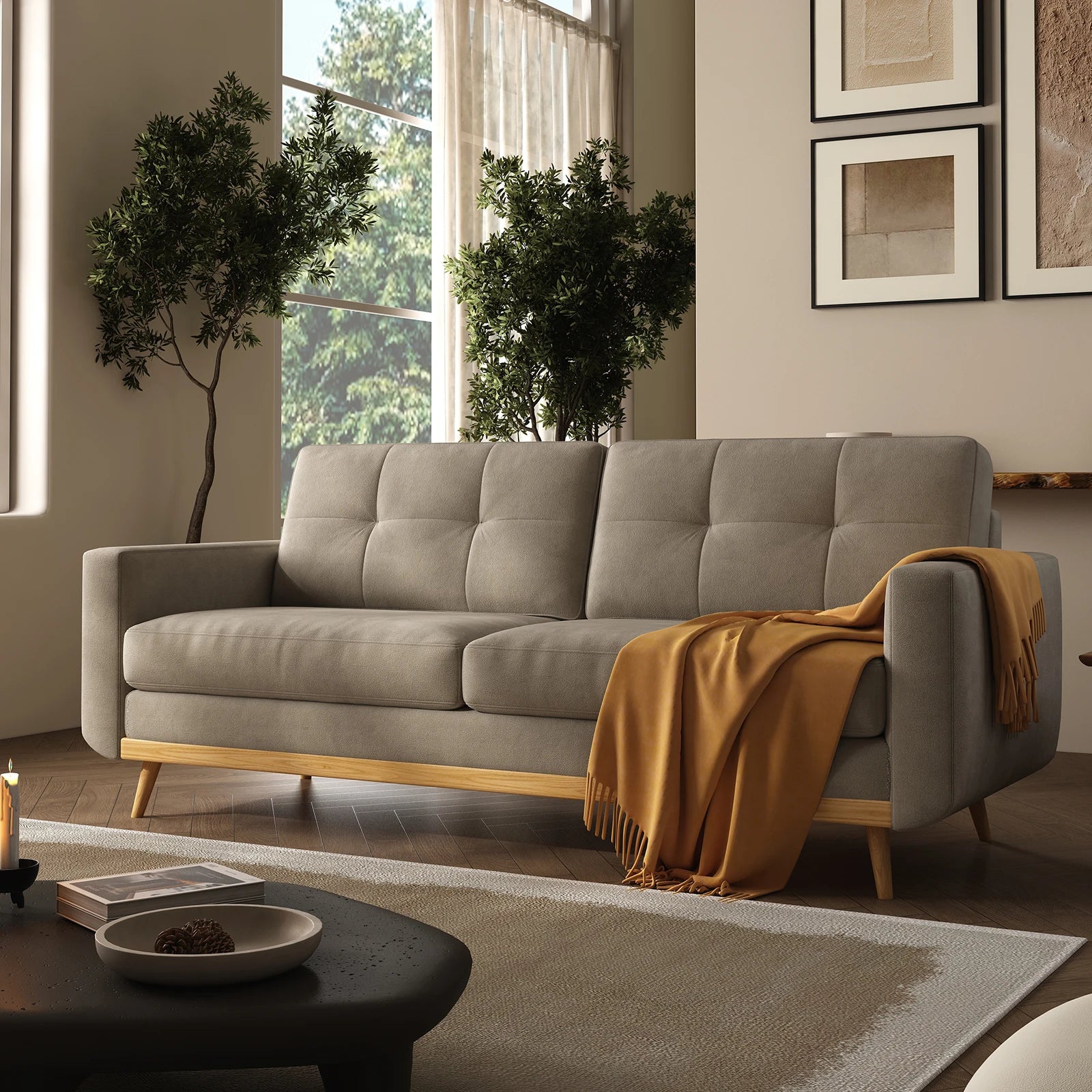 Mid-Century Modern Loveseat Sofa with Wooden Legs
