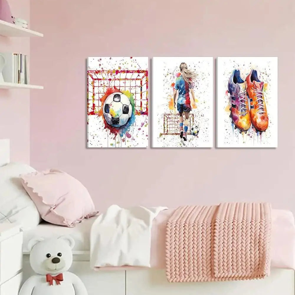 3 Pcs Girl Soccer Graffiti Canvas Wall Art – Colorful Sneakers, Inspirational Paintings