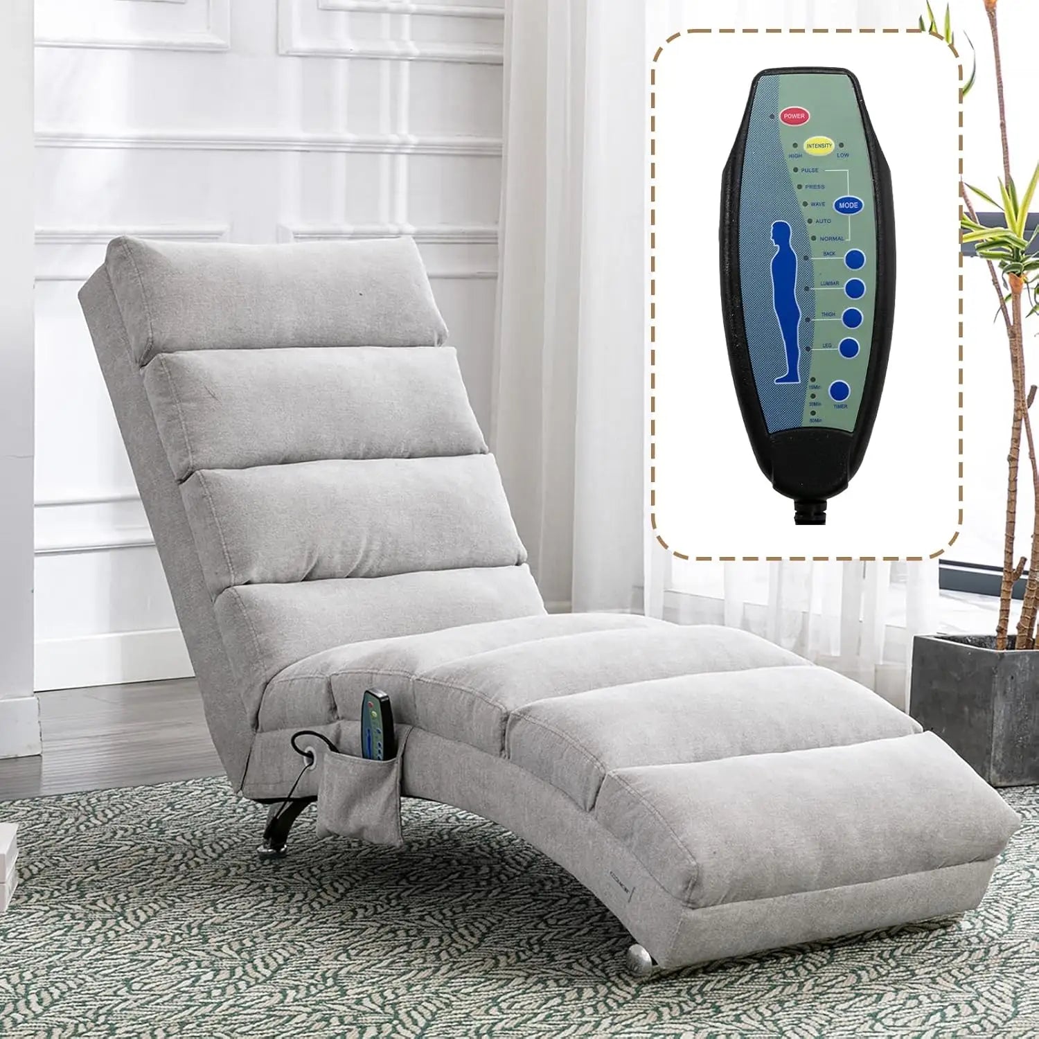 Indoor Chaise Lounge Chair with Electric Massage – 5 Modes, Breathable Linen Upholstered Recliner
