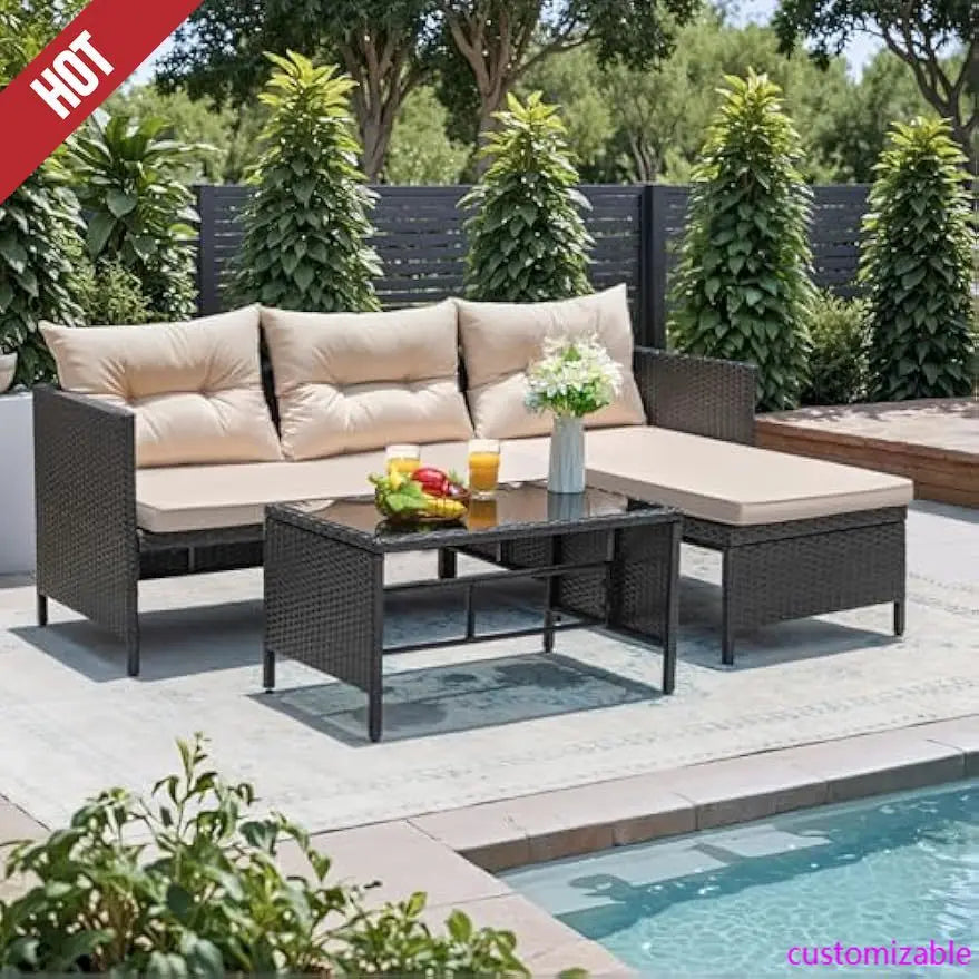 3-Piece Patio Furniture Set – Wicker Rattan Sectional Sofa with Cushions & Coffee Table, Light Beige