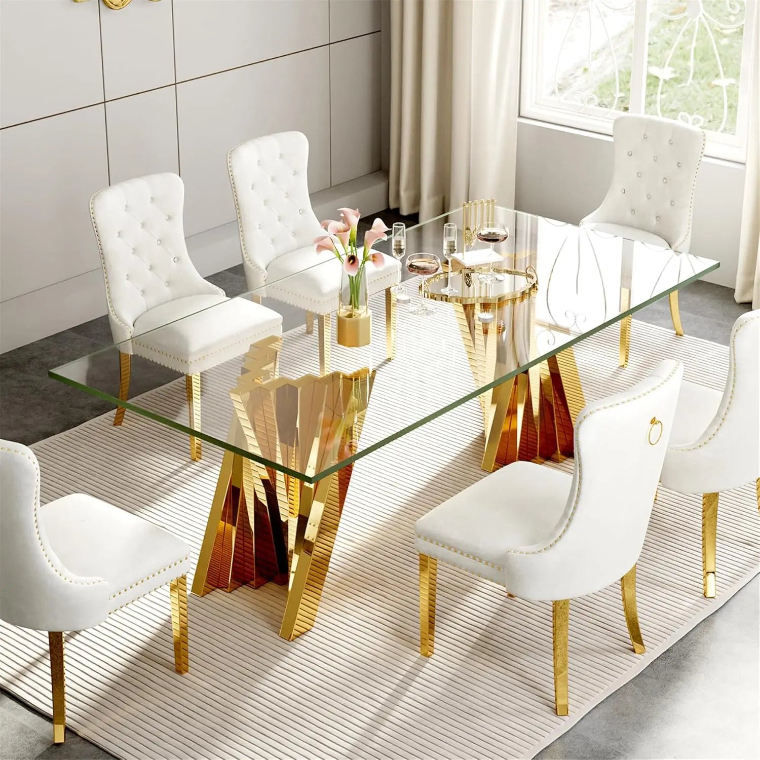 70" Modern Glass Gold Dining Table for 6-8