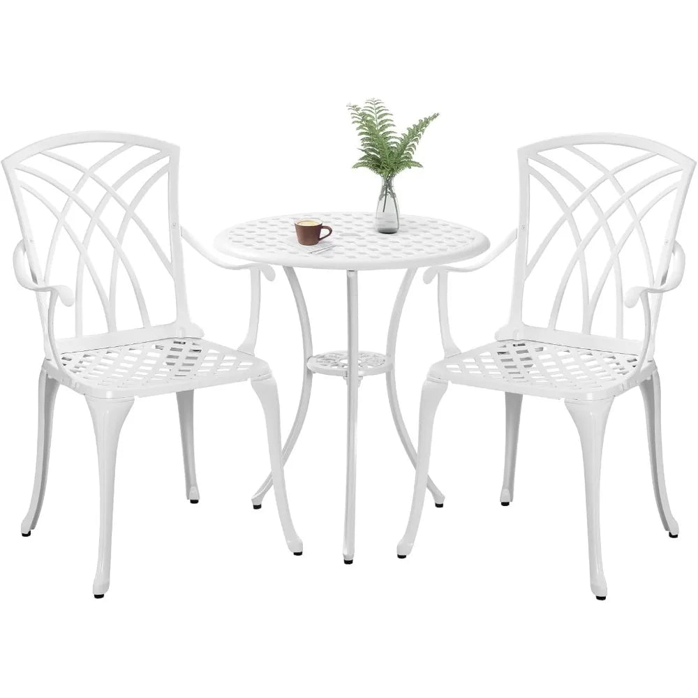 White Cast Aluminum Bistro Set – 3 Piece Outdoor Patio Table & Chairs