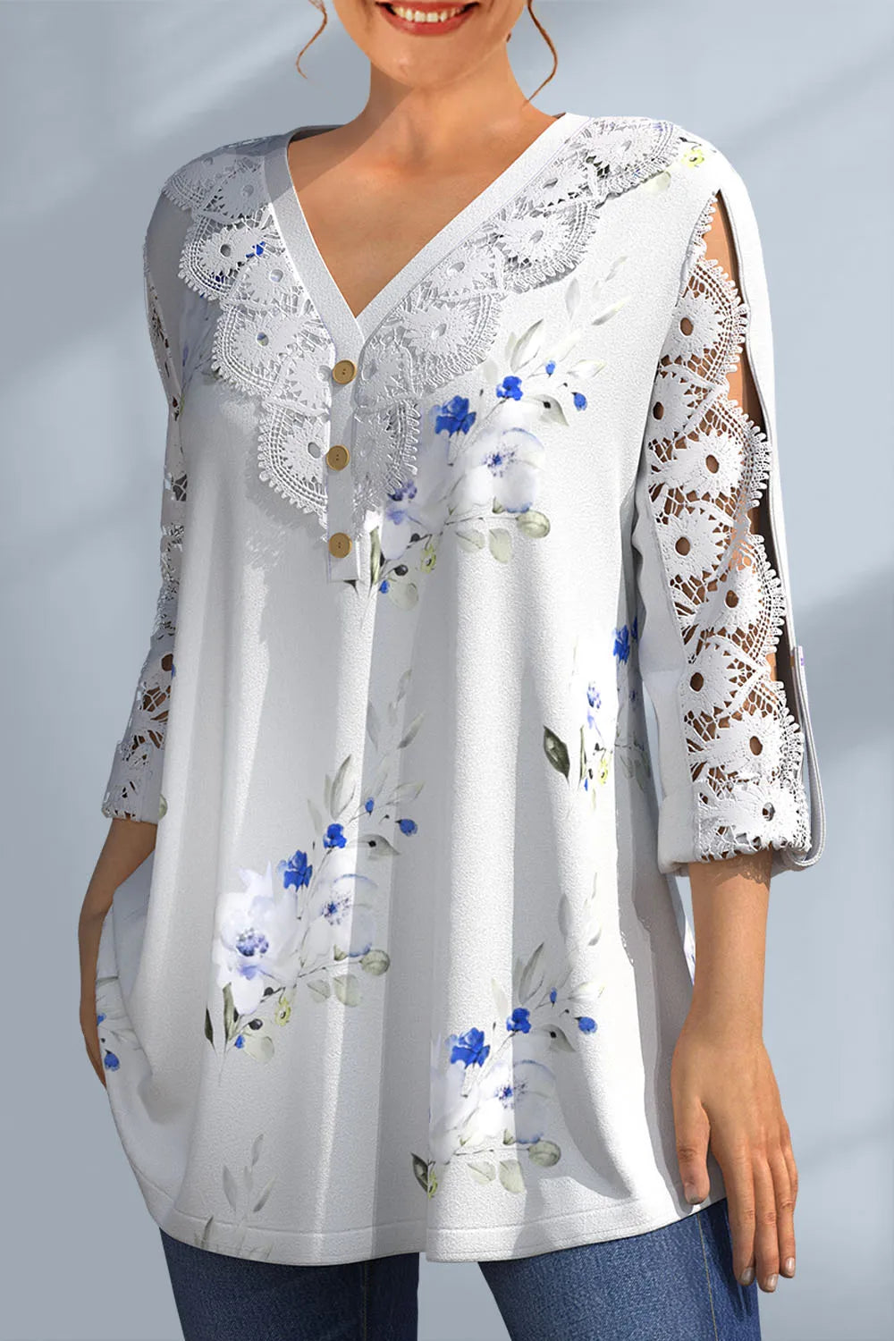 Plus Size Lace Patchwork V-Neck Floral Print Blouse