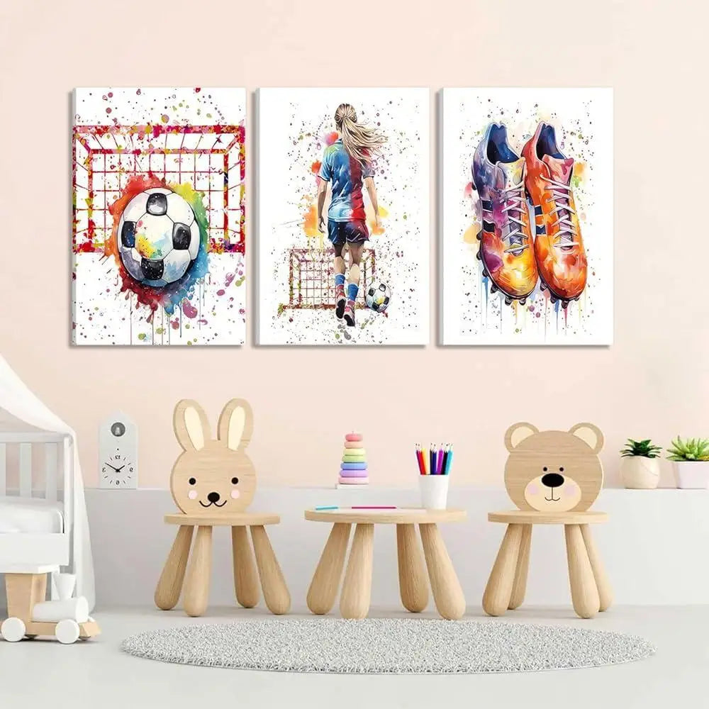 3 Pcs Girl Soccer Graffiti Canvas Wall Art – Colorful Sneakers, Inspirational Paintings