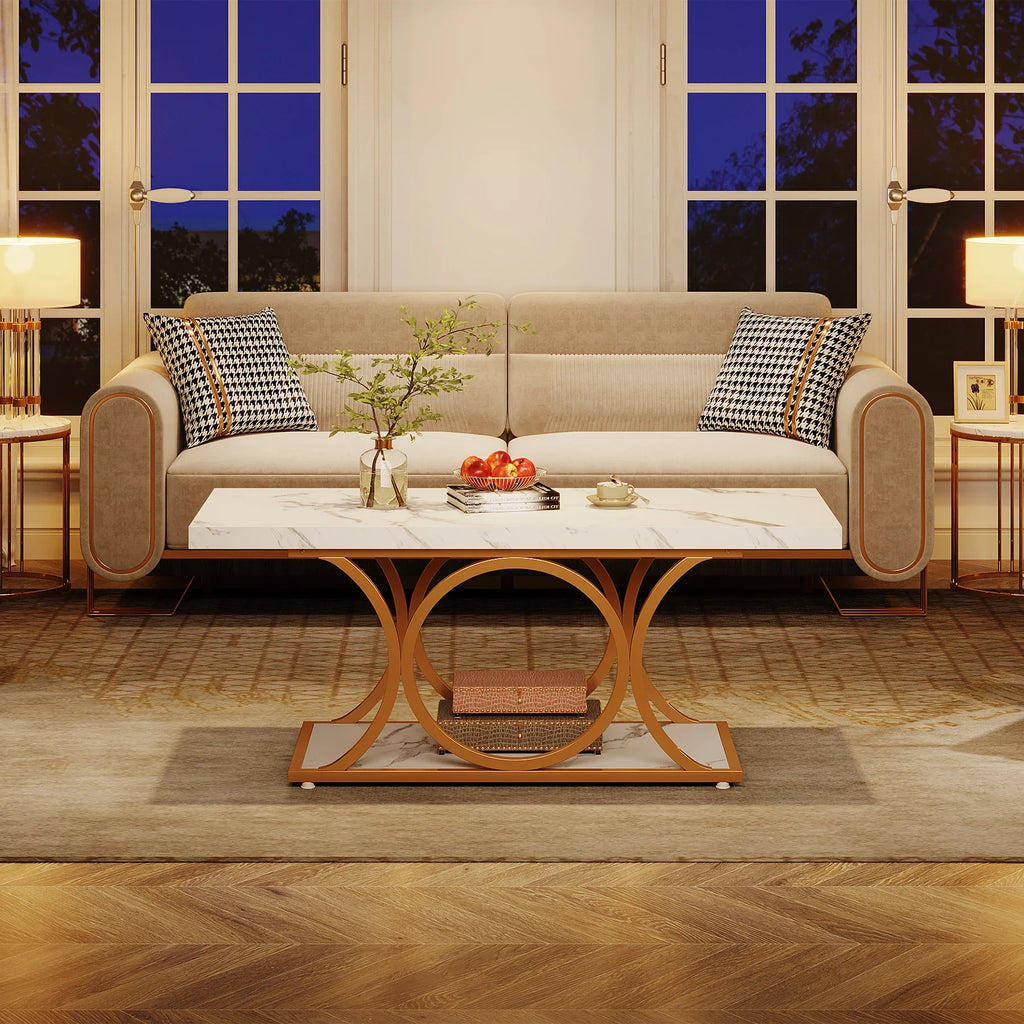 2-Tier Faux Marble Rectangle Coffee Table