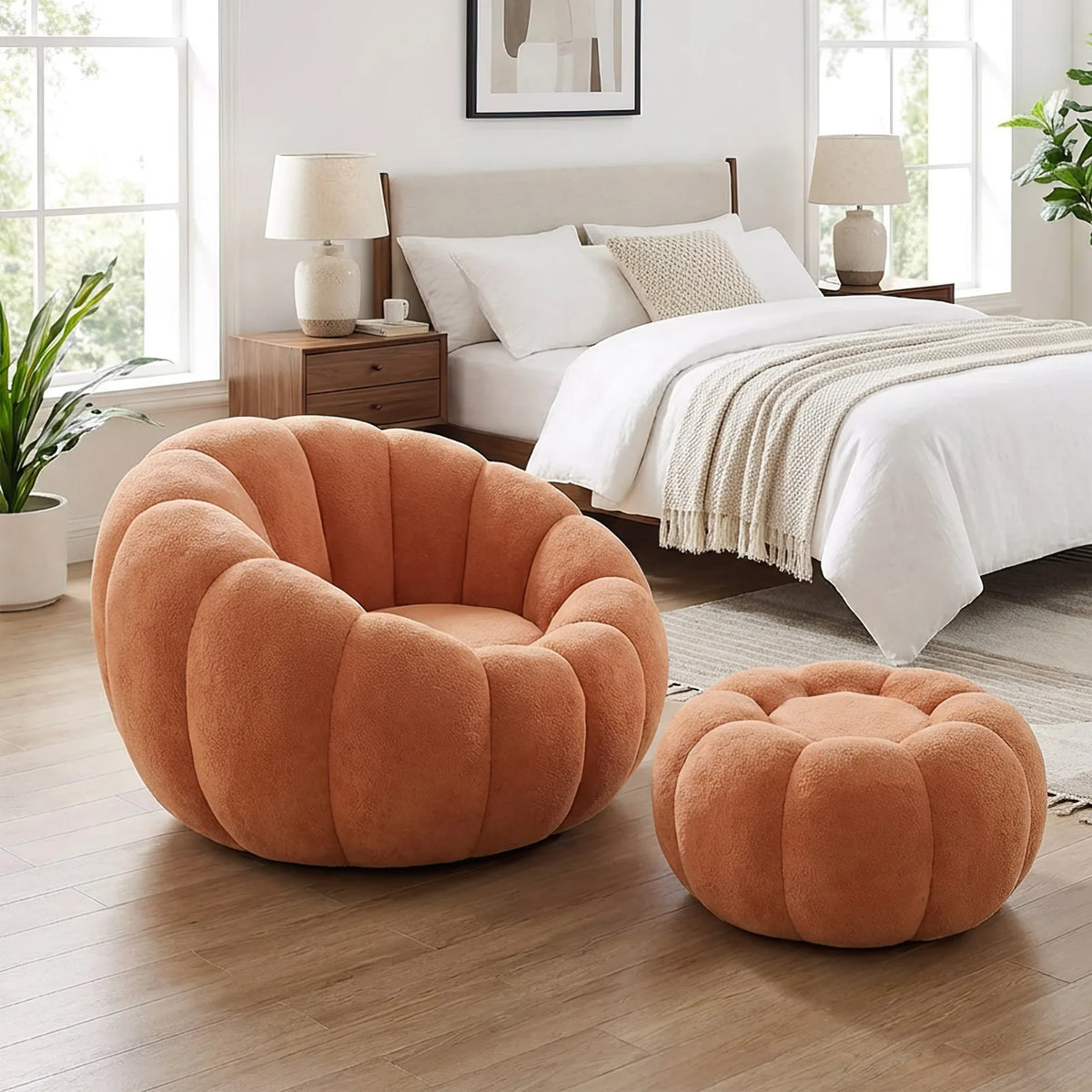 Pumpkin Shape Accent Chair with Footstool