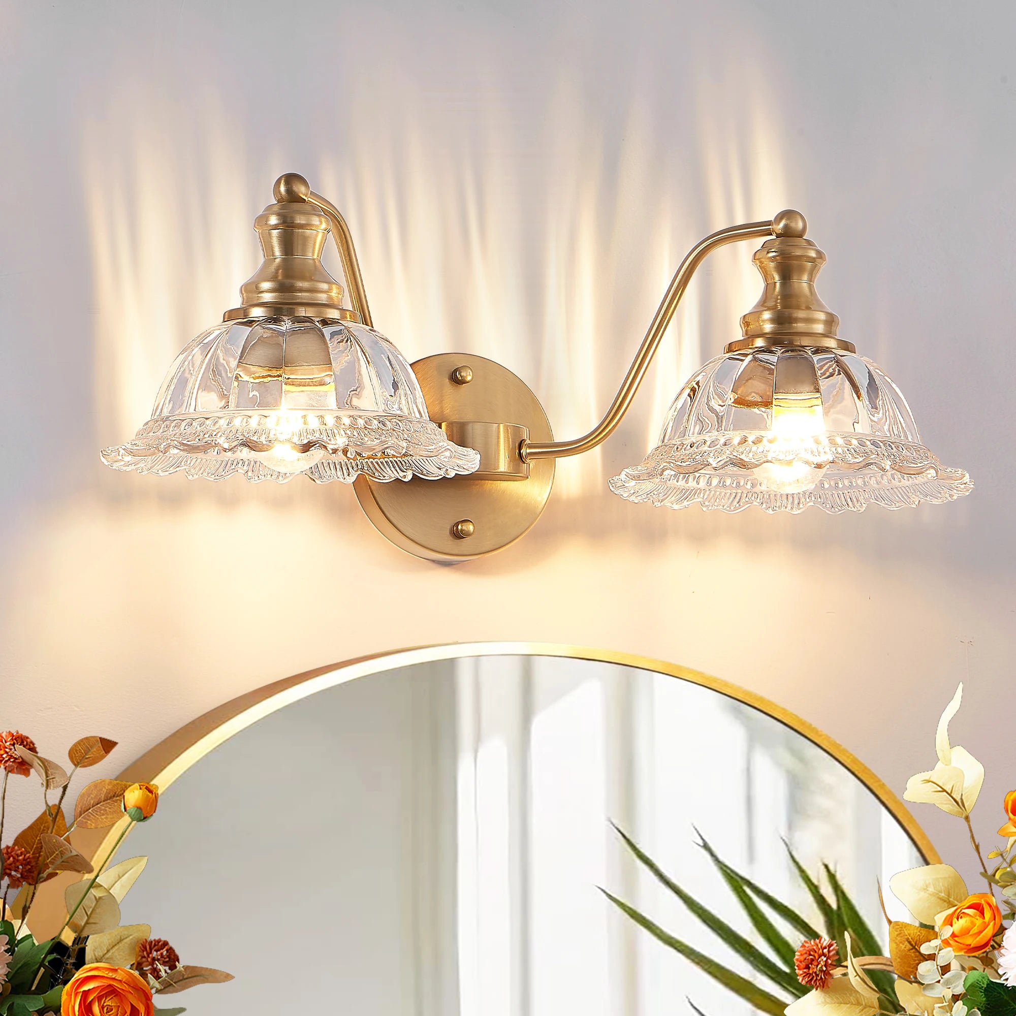 20 Inch 2-Light Elegant Vintage Bathroom Wall Sconce – Golden Metal and Glass Lampshade