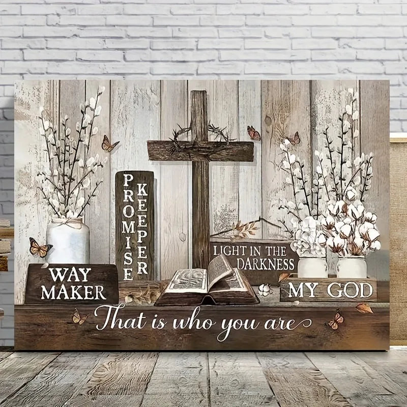 1pc Wooden Framed Farmhouse Cotton Flower Canvas Painting, Inspirational