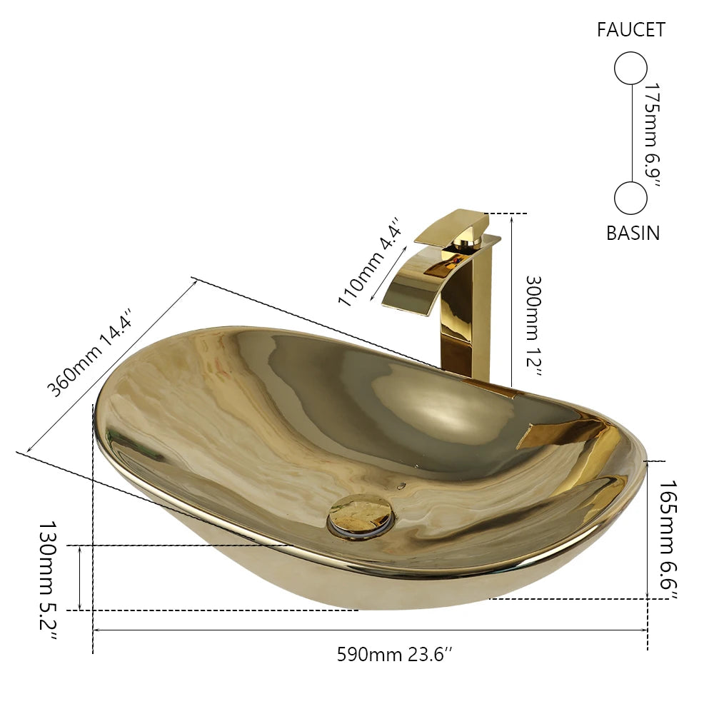 Luxury Large Gold Vessel Sink with Faucet Combo