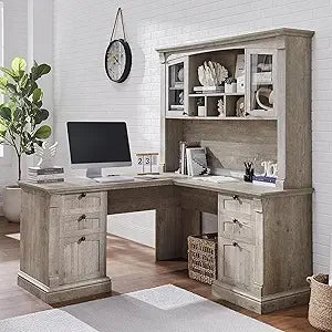 60" L Shaped Executive Desk with Hutch, Drawers & Charging Station