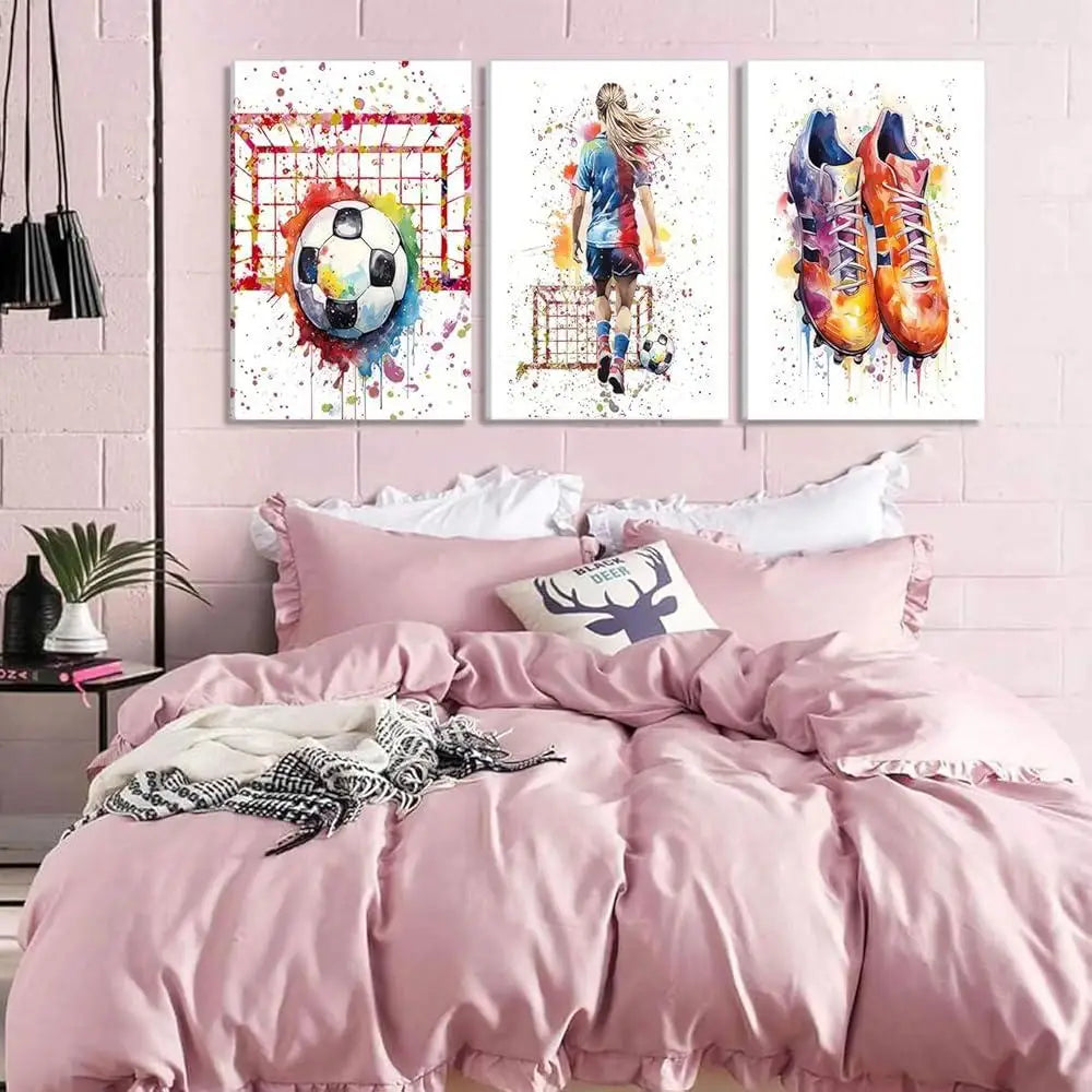 3 Pcs Girl Soccer Graffiti Canvas Wall Art – Colorful Sneakers, Inspirational Paintings