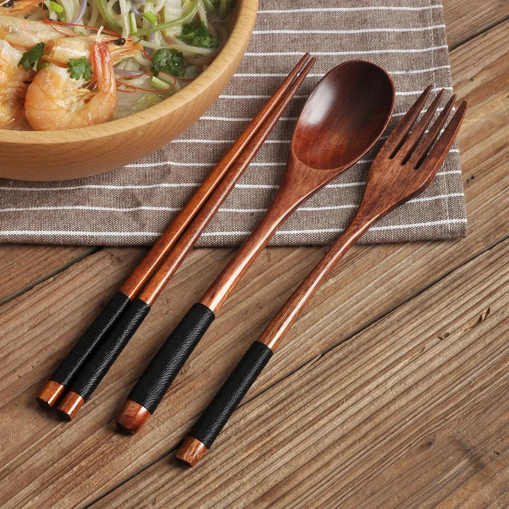 Natural Wood 3-Piece Tableware Set – Spoon, Fork & Chopsticks