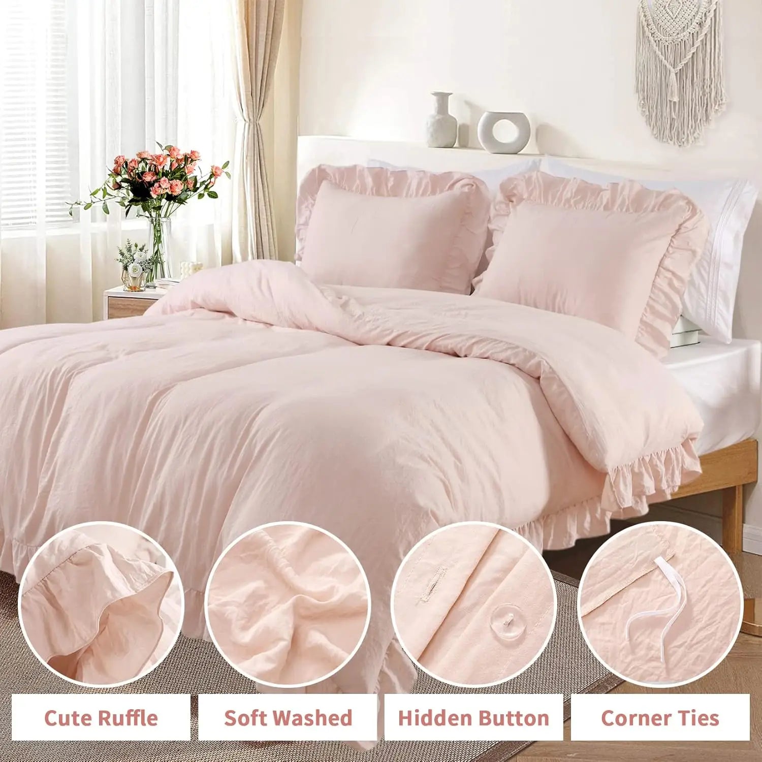 Lotus Leaf Edge Bedding Duvet Cover Set, Soft Washed Polyester, 1 Duvet Cover + 2 Pillowcases