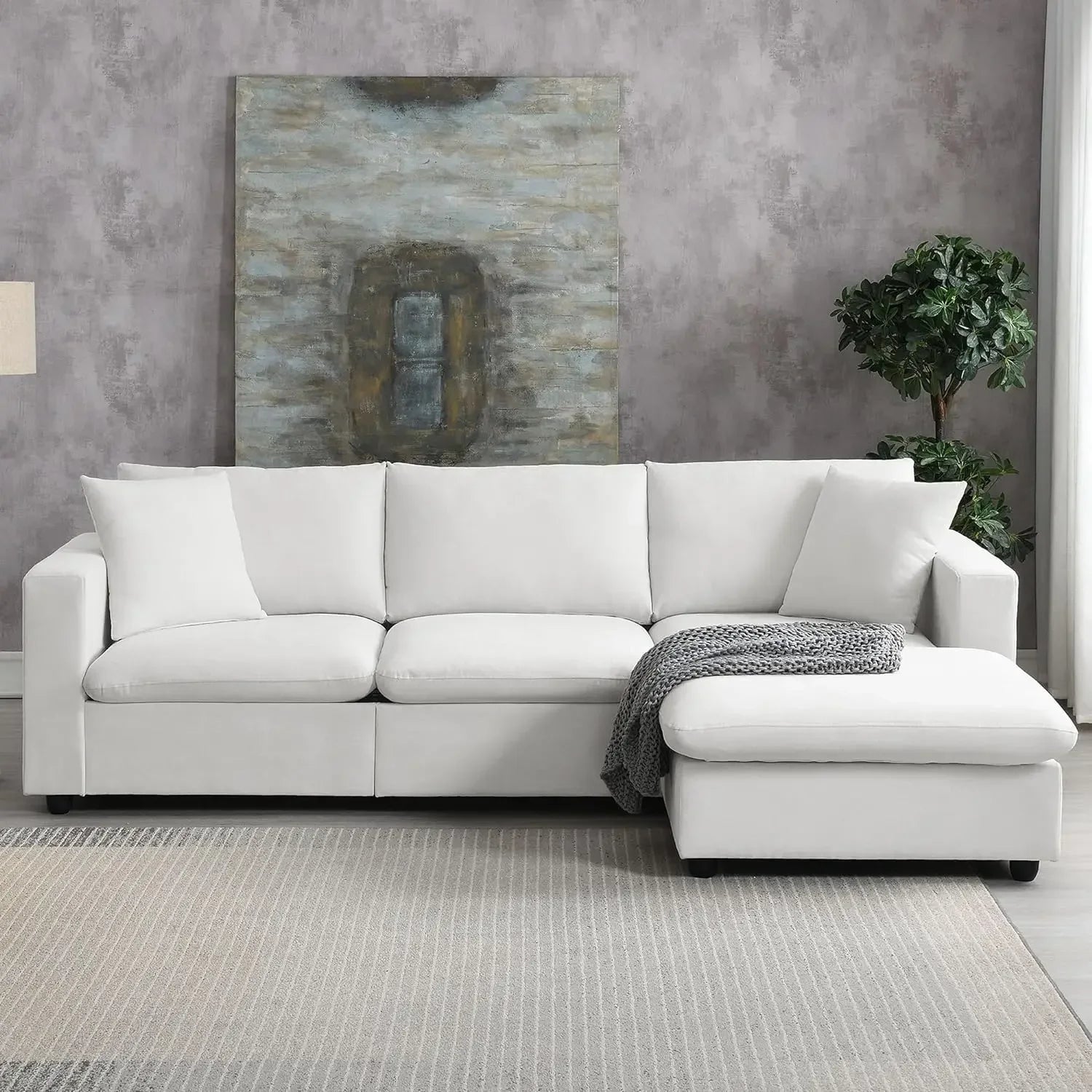 L Shaped 4 Seater Comfy Sofa with Convertible Ottoman, Polyester Fabric