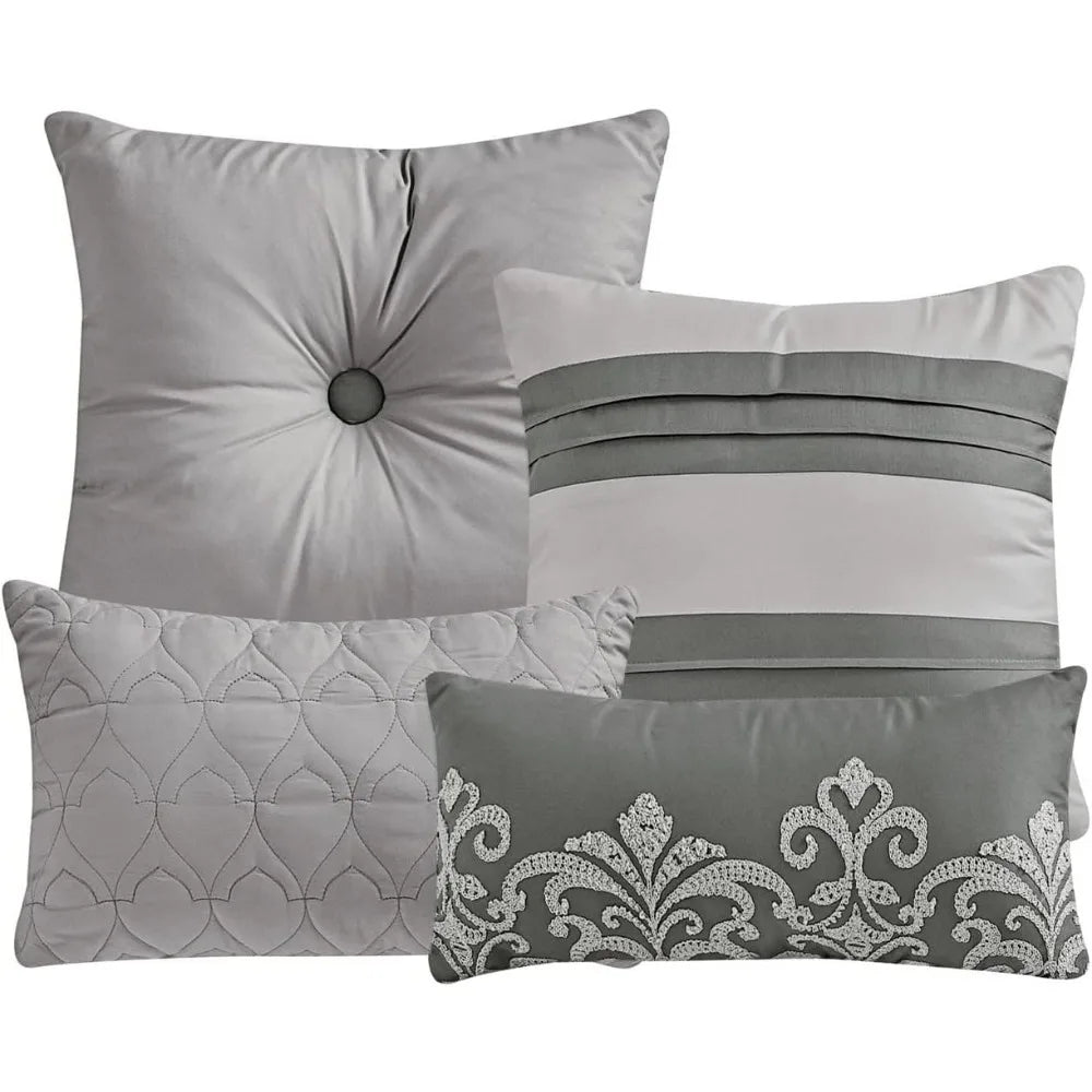 Luxury 7-Piece Full/Queen Comforter Set – Modern Damask Embroidered Grey Elegance
