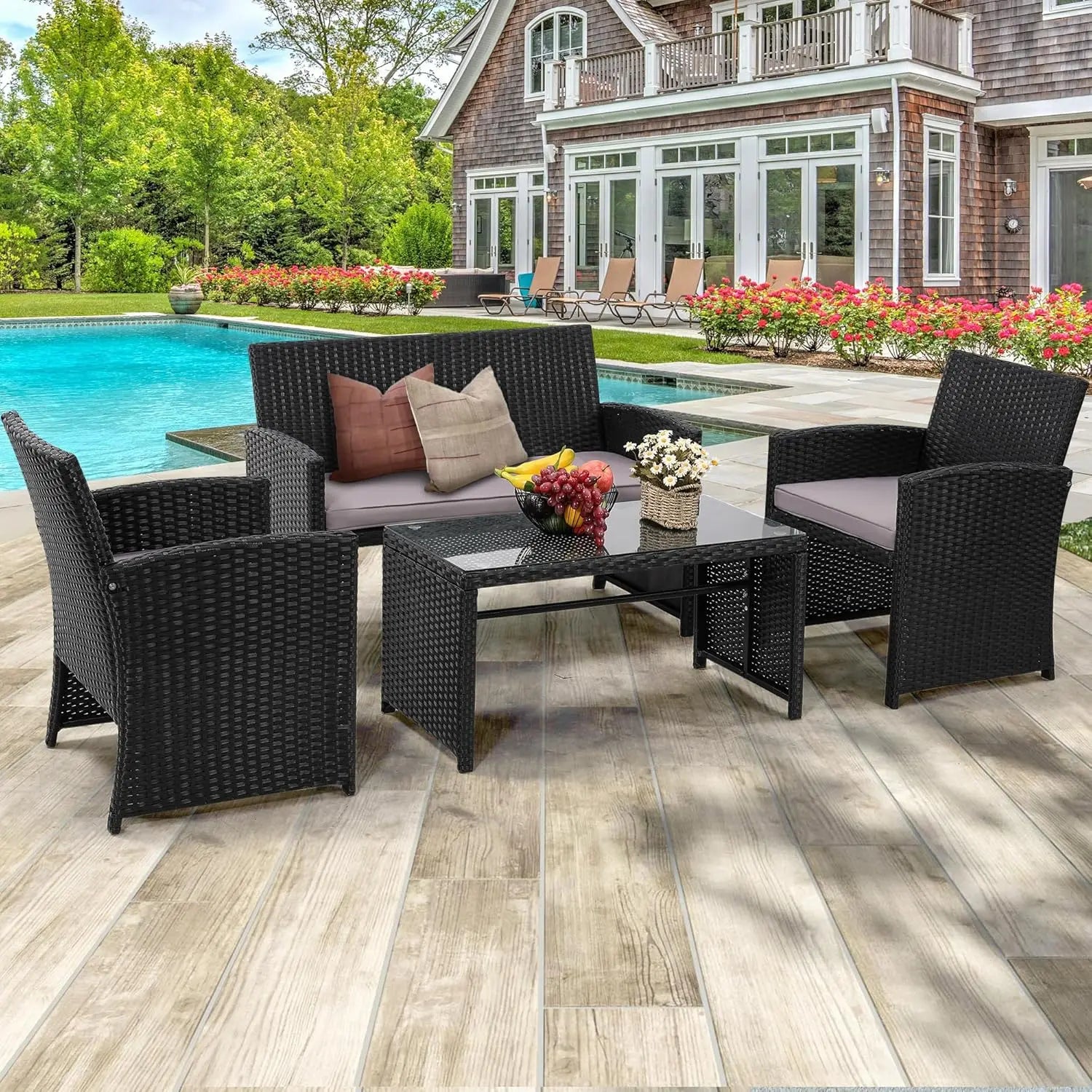4-Piece Rattan Patio Furniture Set – Cushioned Outdoor Conversation Sofa Set