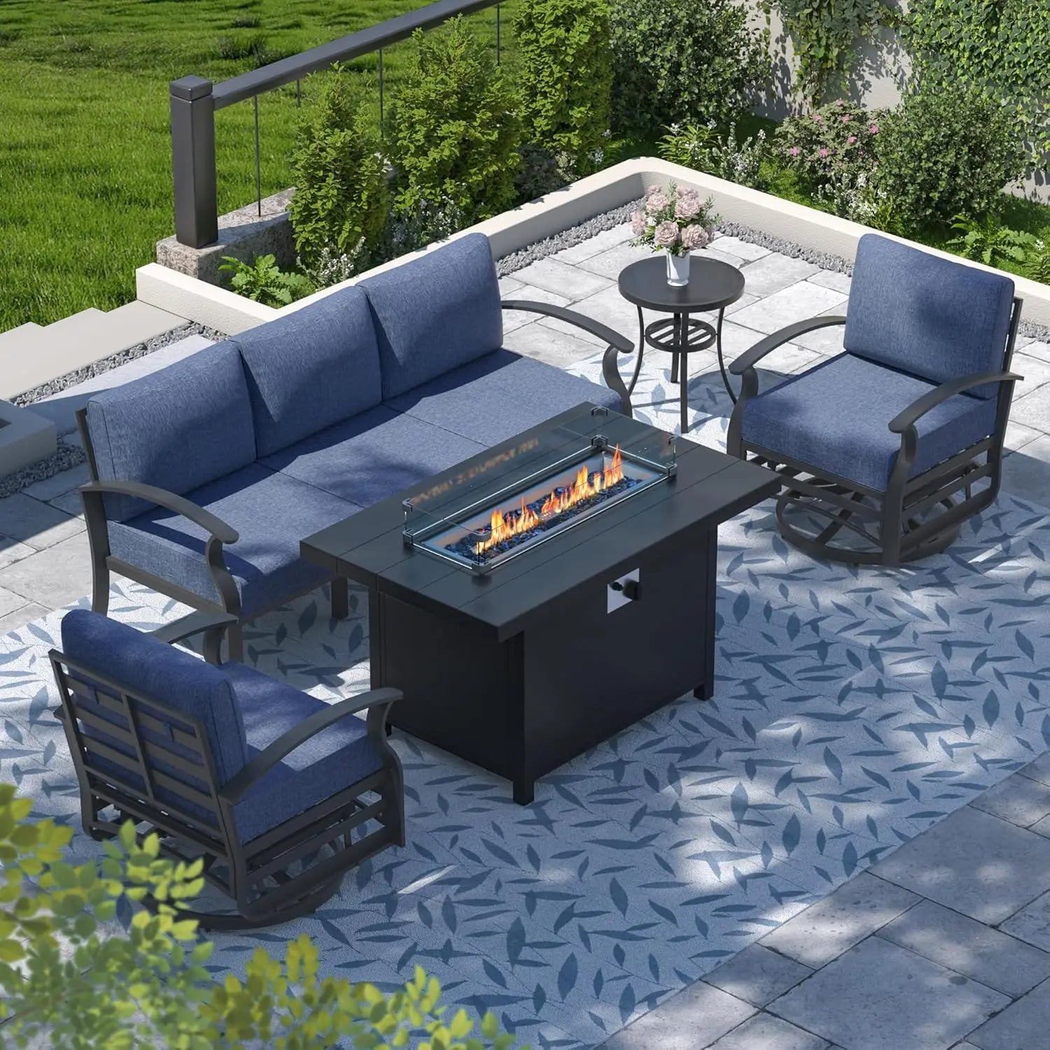 Aluminum Patio Set with Sectional Sofa, Fire Pit Table & Swivel Chairs