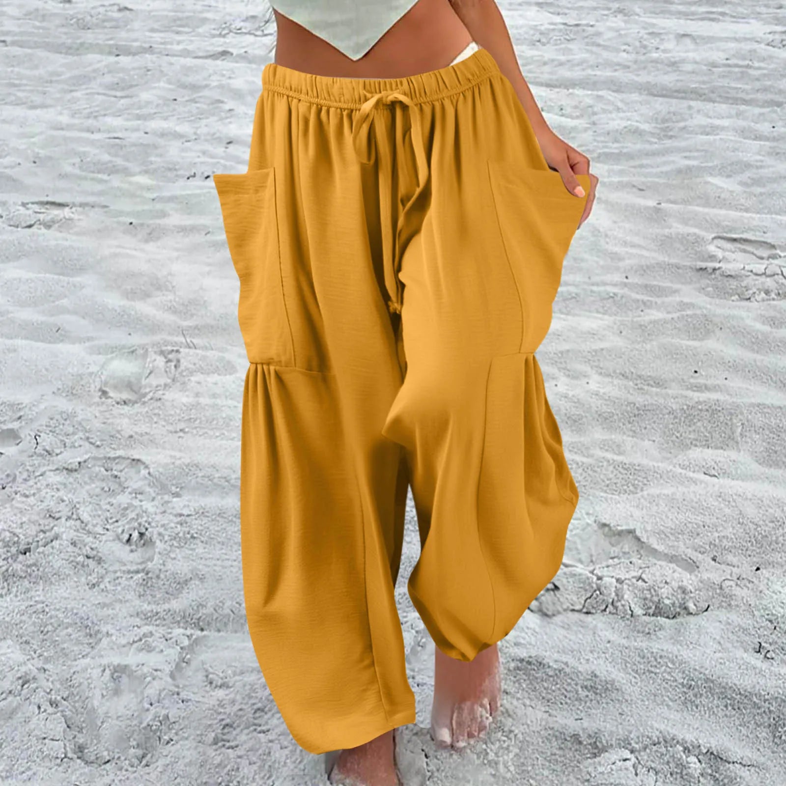 Women’s Plus Size Middle Waist Baggy Pants with Pockets – Korean Fashion