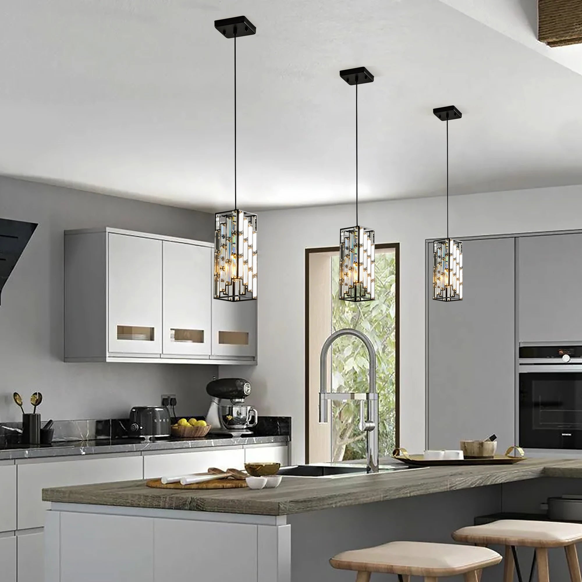 Luxury Hanging Crystal Pendant Light - 3 Pack, Adjustable, Black Finish