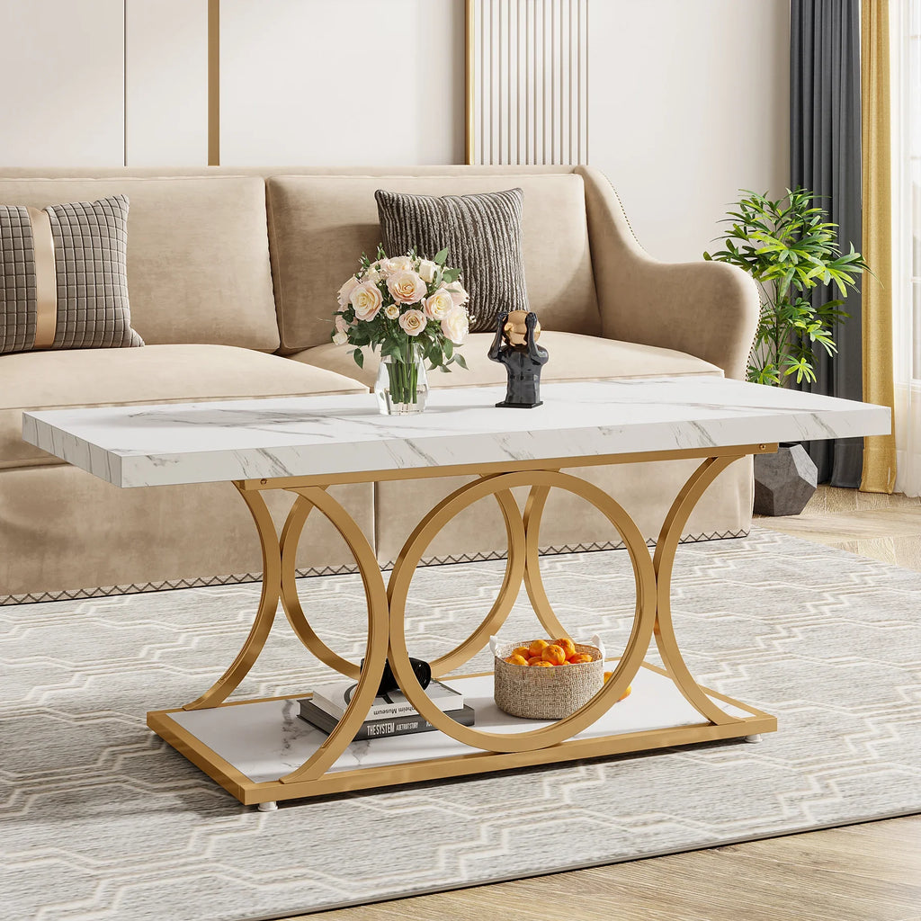 2-Tier Faux Marble Rectangle Coffee Table