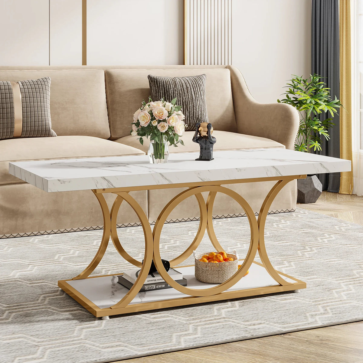 2-Tier Faux Marble Rectangle Coffee Table