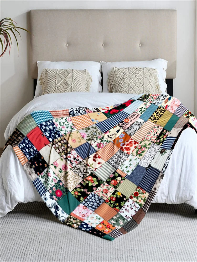 Cozy Floral Patchwork Flannel Blanket – Soft, Stylish, and All-Season Comfort