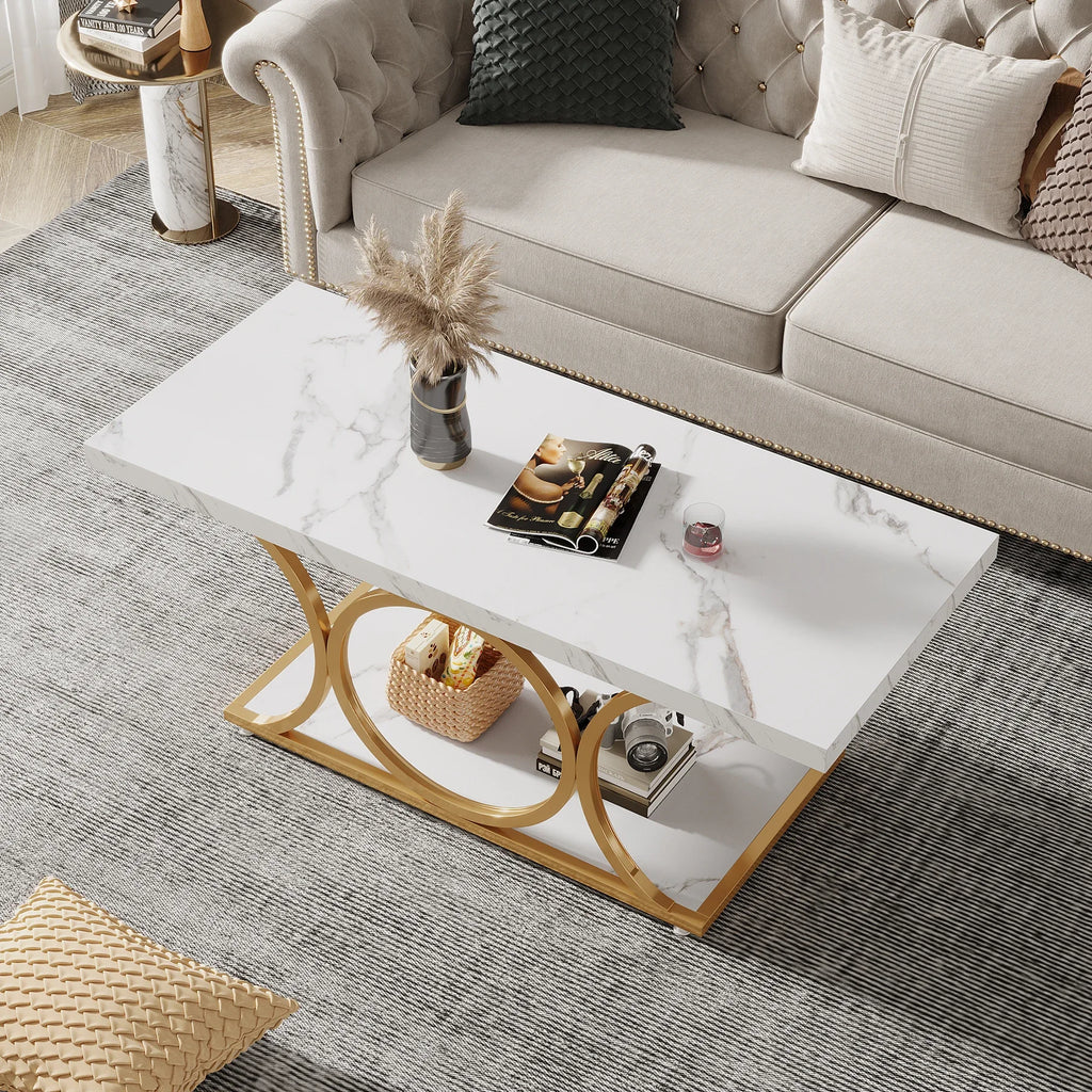 2-Tier Faux Marble Rectangle Coffee Table