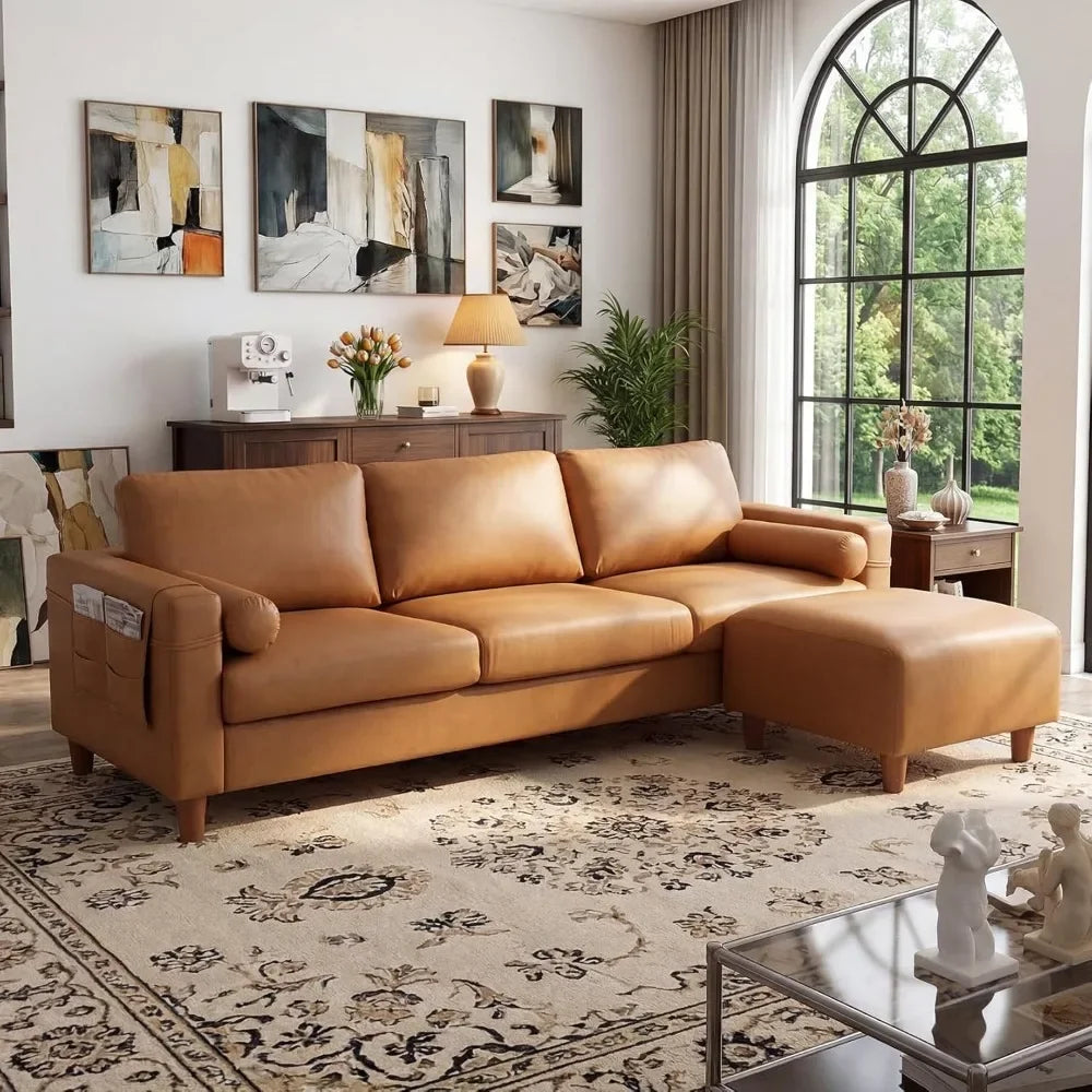 Faux Leather L-Shaped Sectional Sofa with Movable Ottoman