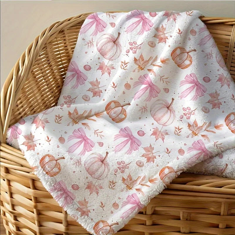 Soft Cozy Pink Pumpkin & Leaf Flannel Plush Blanket