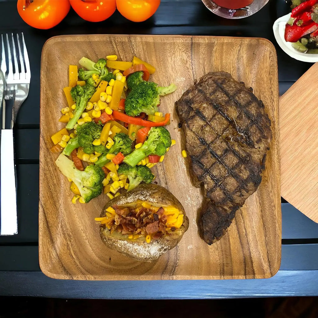 Acacia Wooden Plates – Set of 4, 10-Inch Square Rustic Platters