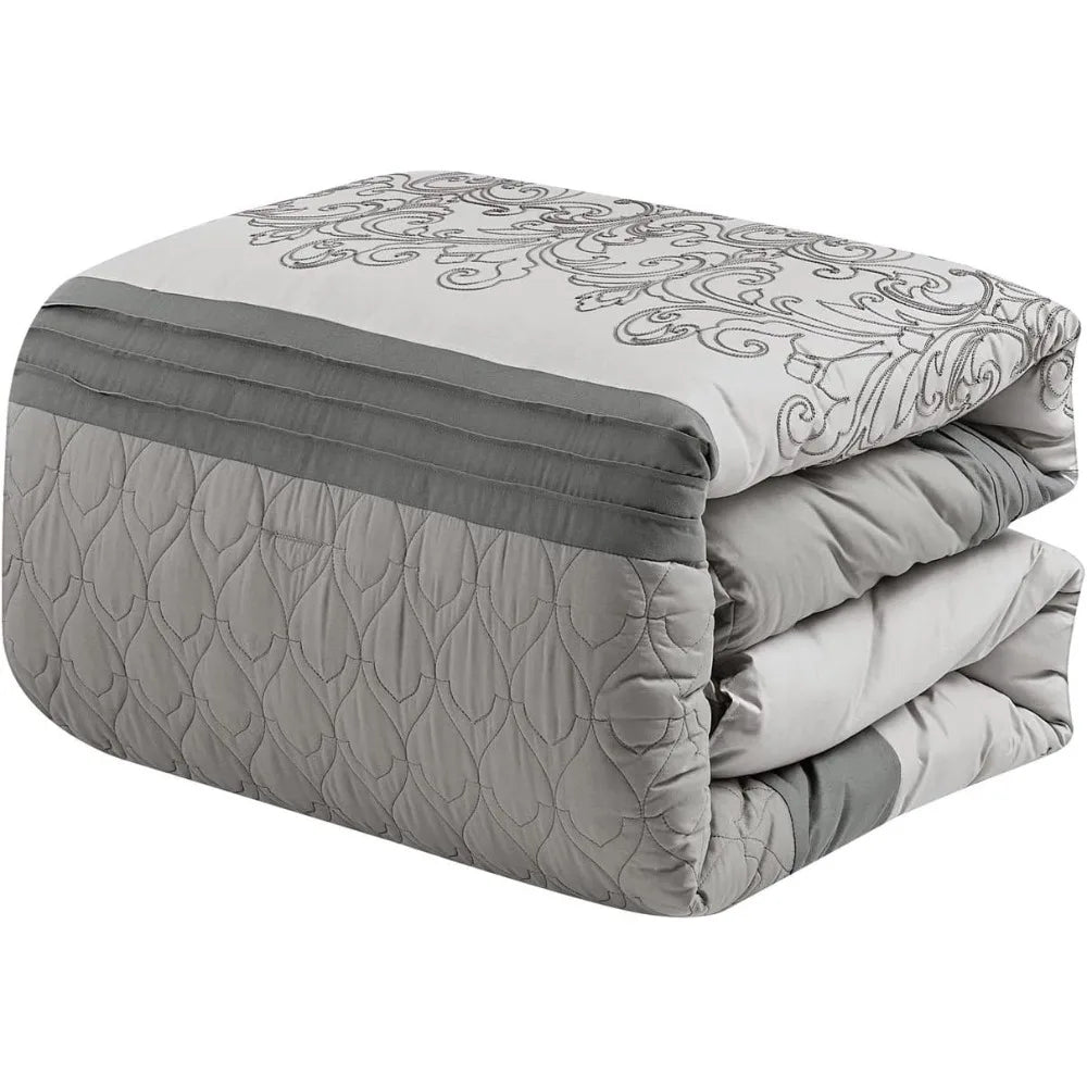 Luxury 7-Piece Full/Queen Comforter Set – Modern Damask Embroidered Grey Elegance