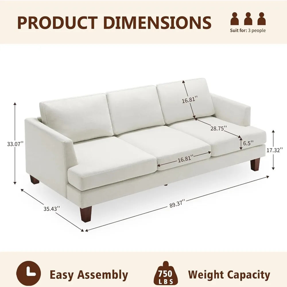 89" 3-Seated Comfy Couch with Deep Seats, Mid-Century Modern Upholstered